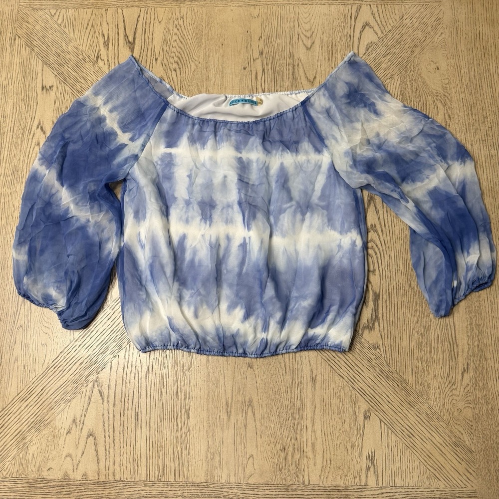 Alice + Olivia Alta Blue And White Tie Dye Silk Peasant Top XS Off‎ The Shoulder